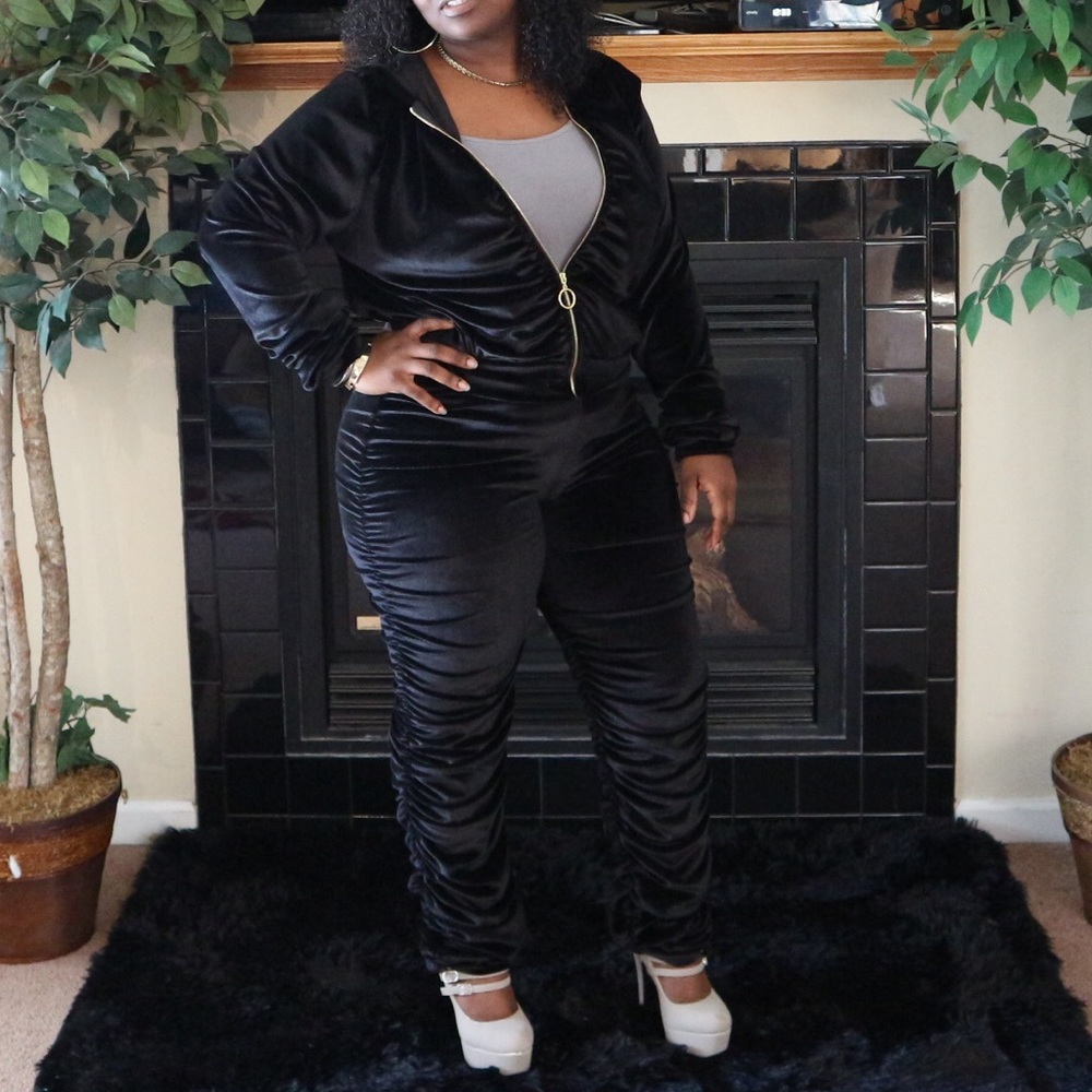 Plus Size Ruffle Velour Pull Over Hoodie Set